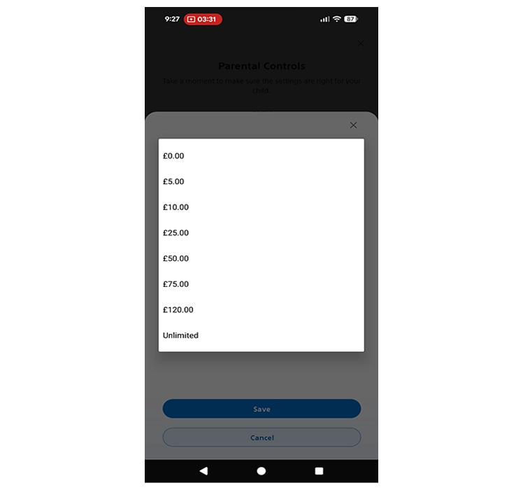 Capture d'écran de l'application PlayStation Family montrant le choix de la limite de dépenses.