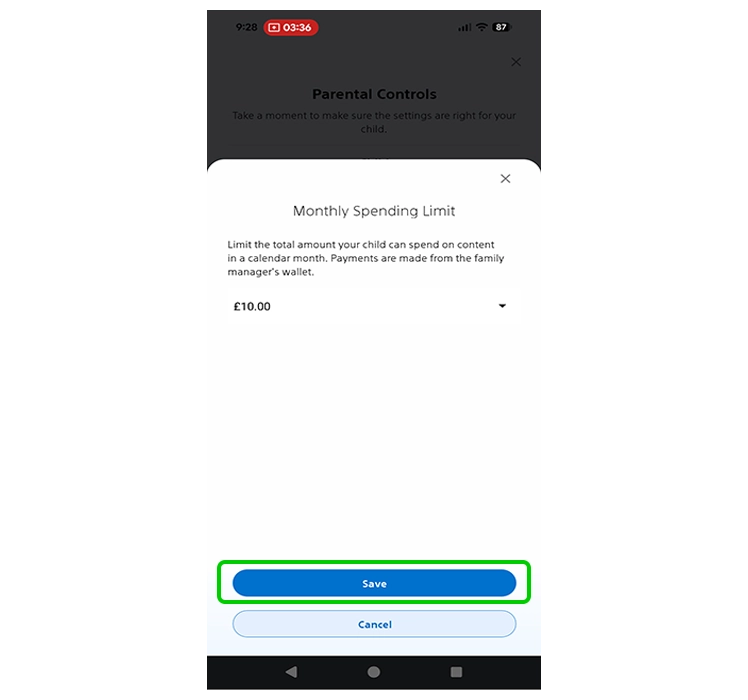 Capture d'écran de la limite mensuelle de l'application PlayStation Family.