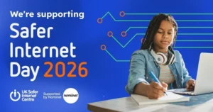 A child uses a laptop. Text reads 'We're supporting Safer Internet Day'.