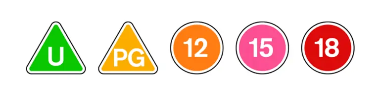 Image of the BBFC ratings: U, PG, 12, 15, 18.