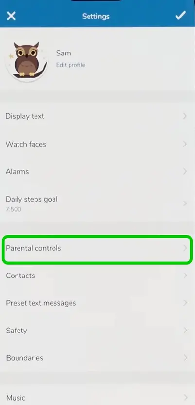 Garmin settings with Parental Controls highlighted