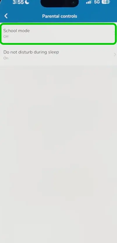 Garmin parental controls with School Mode highlighted