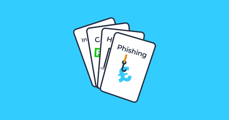 A set of playing cards with online safety terms.