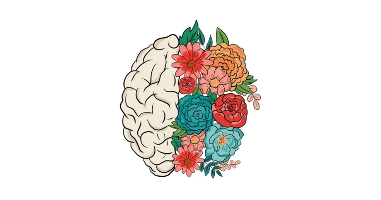 A brain, where half the brain is normal and the other half is a garden, to represent mindfulness.