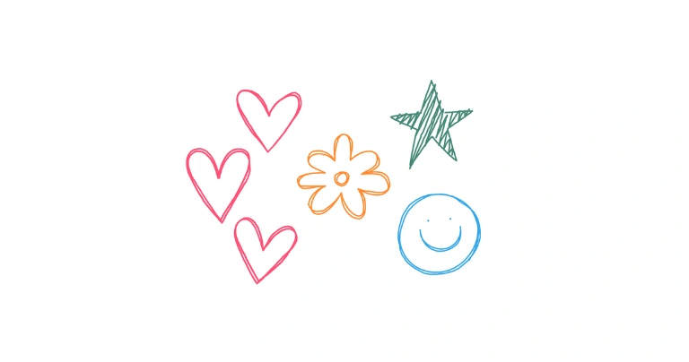Symbols that look like they were drawn by pen -- hearts, a flower, a star and a smiley face -- to show positive thinking.
