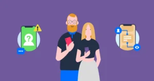 Parent and child on device with warnings of features on social media.