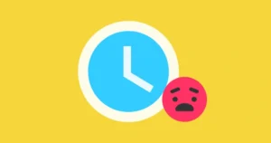 A clock to represent screen time alongside a worried emoji that shows the feeling of 'too much'.