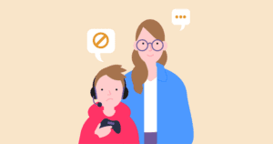 A mother and son, who is holding a games controller, with speech bubbles to show talking about warnings and bans.