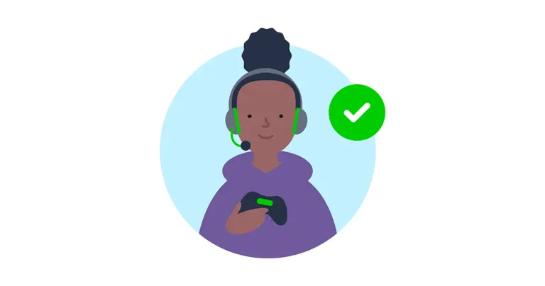 A girl with a video games controller and tick to show understanding of community guidelines.