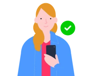 A mother holding a smartphone with a green tick next to her.