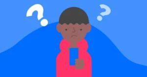 A child looks at their phone with question marks to show confusion.