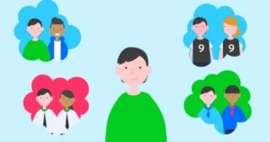 A child with thought bubbles of people who are safe to talk to.