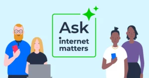 A few people holding their devices with a logo inside it representing Internet Matters' artificial intelligence assistant. Text reads: Ask Internet Matters