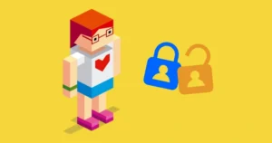 The character Erin with two padlocks which represent risks when sharing off-platform details.