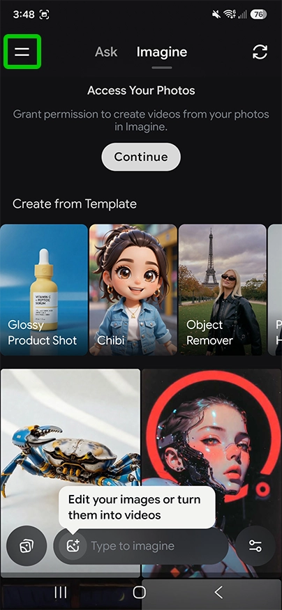 Grok home with Menu highlighted