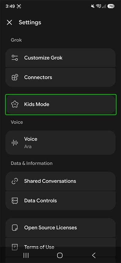 Grok settings with Kids Mode highlighted