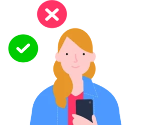 A mum with a smartphone and icons related to checking in.