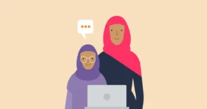 A mother and child with a laptop, representing doing the Say It Right activity together.