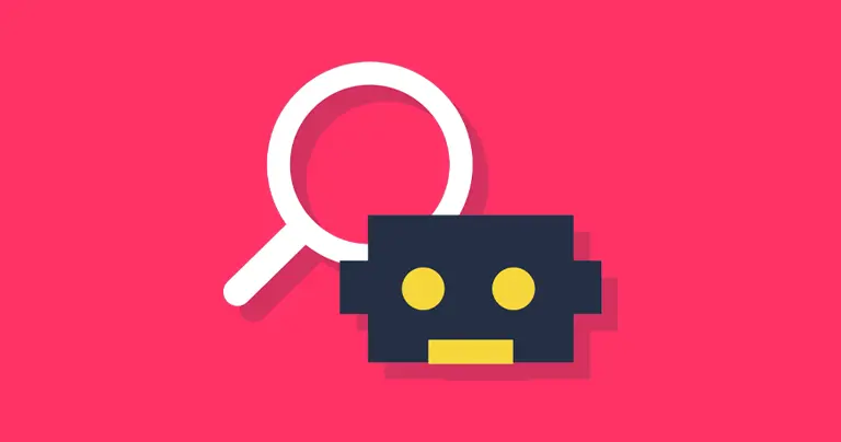Robot head with a magnifying glass to represent using AI for searches.