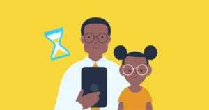 A father and young child with a tablet and screen time icon.