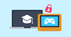 A laptop with an education icon to represent learning and a tablet with the video games controller icon to represent playing games.