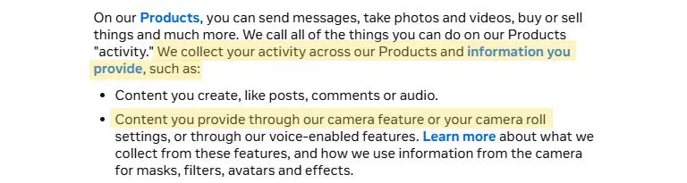 Screenshot of Meta's privacy policy where they say 'We collect your activity across . . . Content you provide through our camera feature or your camera roll settings'.