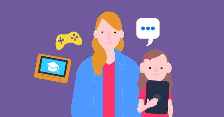 A mother and child with video game icons.
